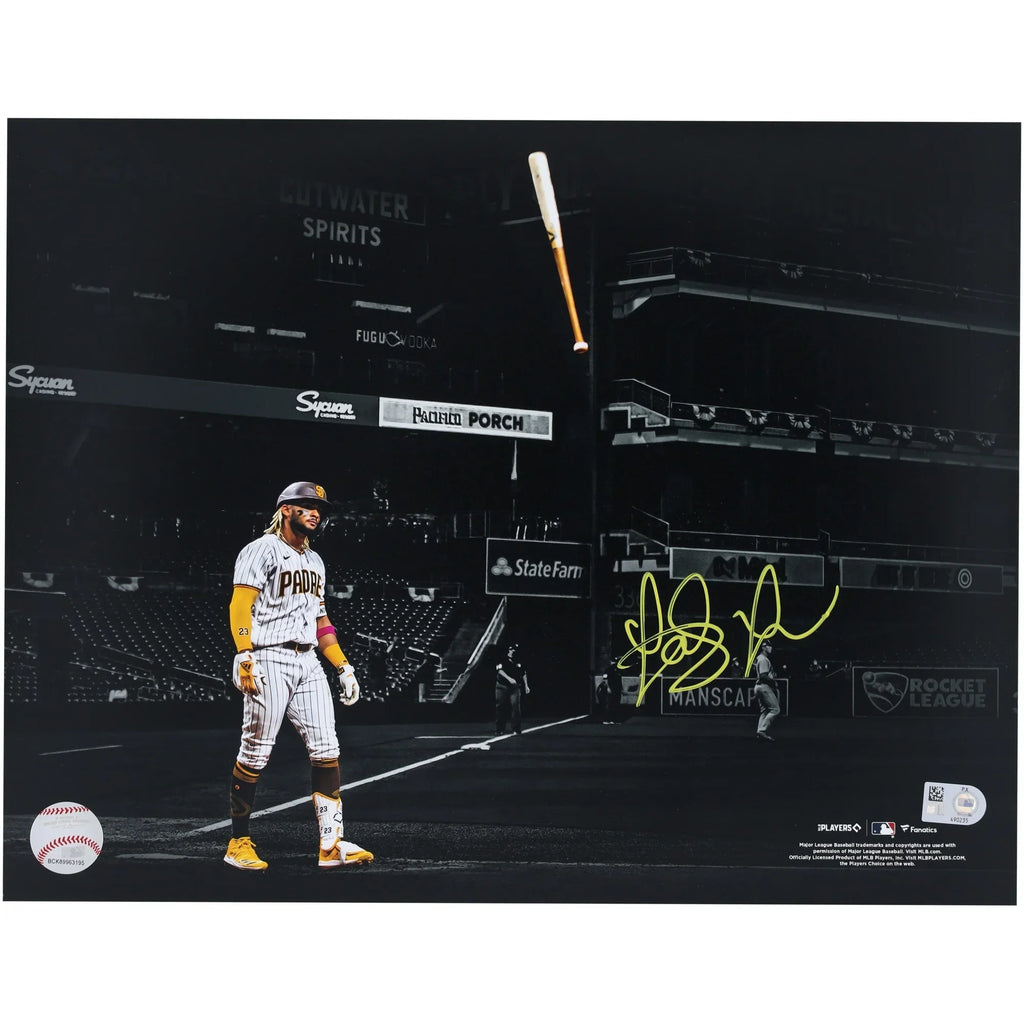 Fernando Tatis Jr Signed 11 x 14 Bat Flip Photo | Yellow Ink