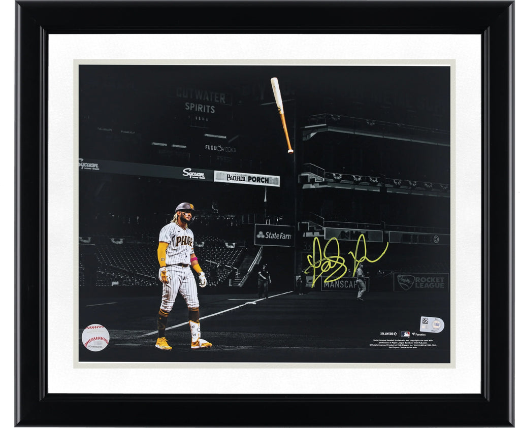 Fernando Tatis Jr Signed 11 x 14 Bat Flip Photo | Yellow Ink