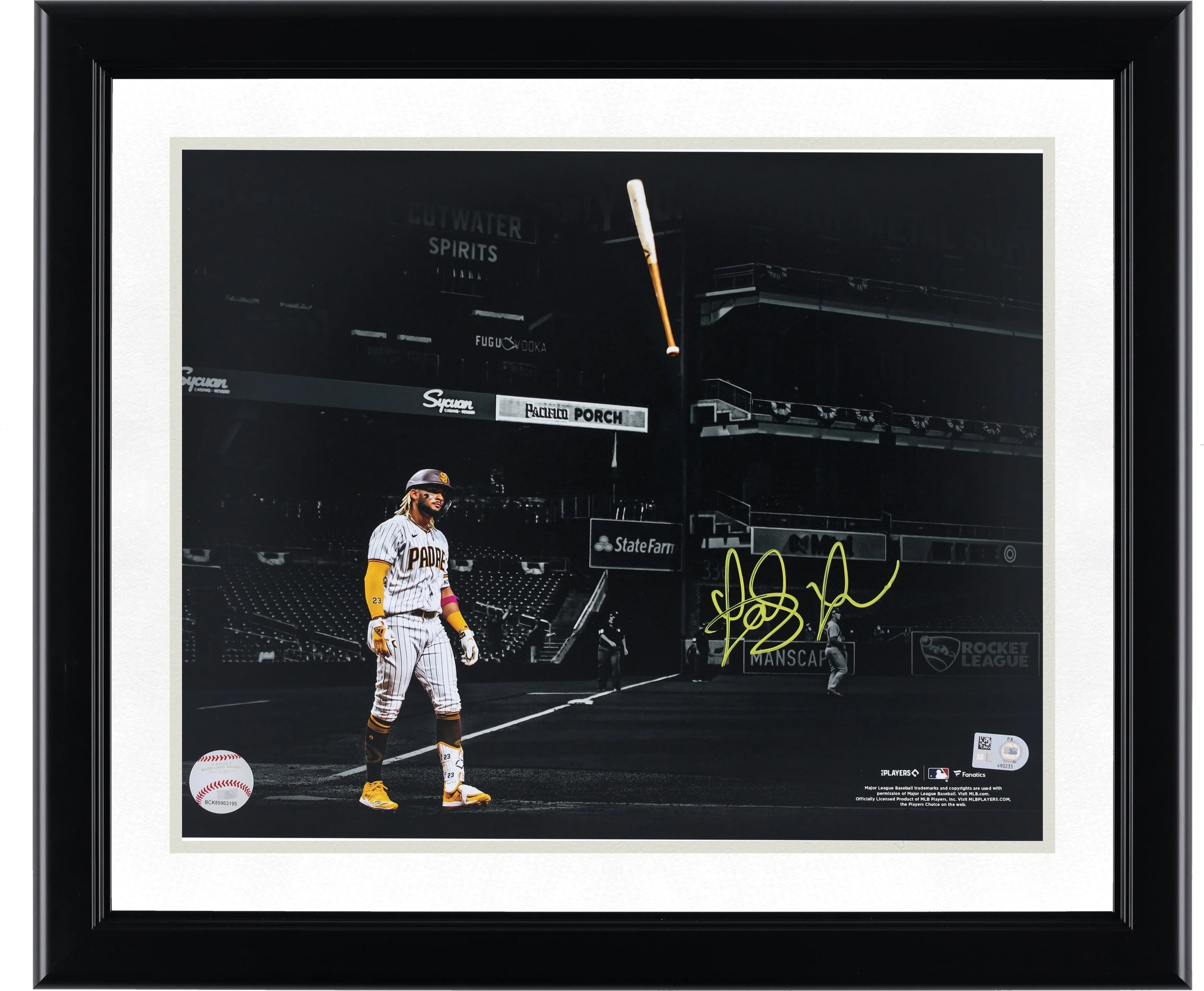 Fernando Tatis Jr Signed 11 x 14 Bat Flip Photo | Yellow Ink