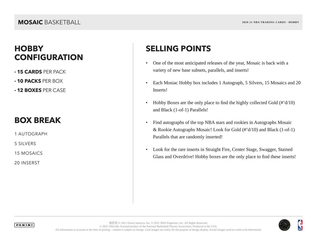 2020-21 Panini Mosaic Basketball Hobby Trading Cards