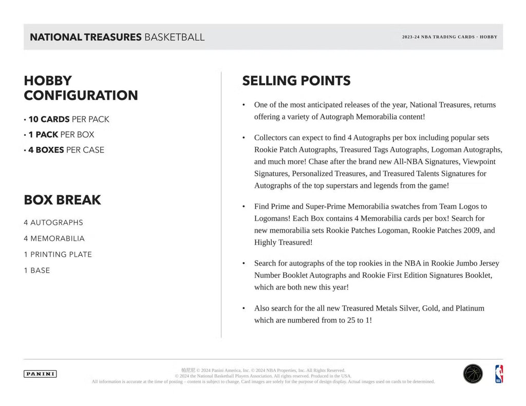 2023-24 Panini National Treasures Basketball Hobby Trading Cards