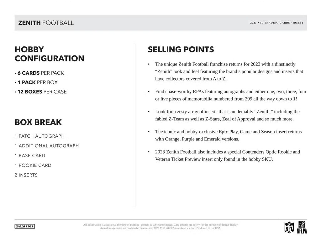 2023 Panini Zenith Football FOTL Trading Cards