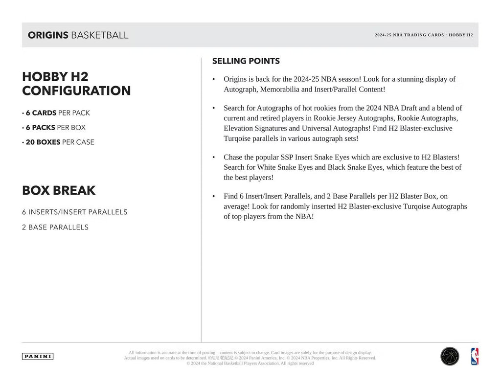 2024-25 Panini Origins Basketball H2 Trading Cards