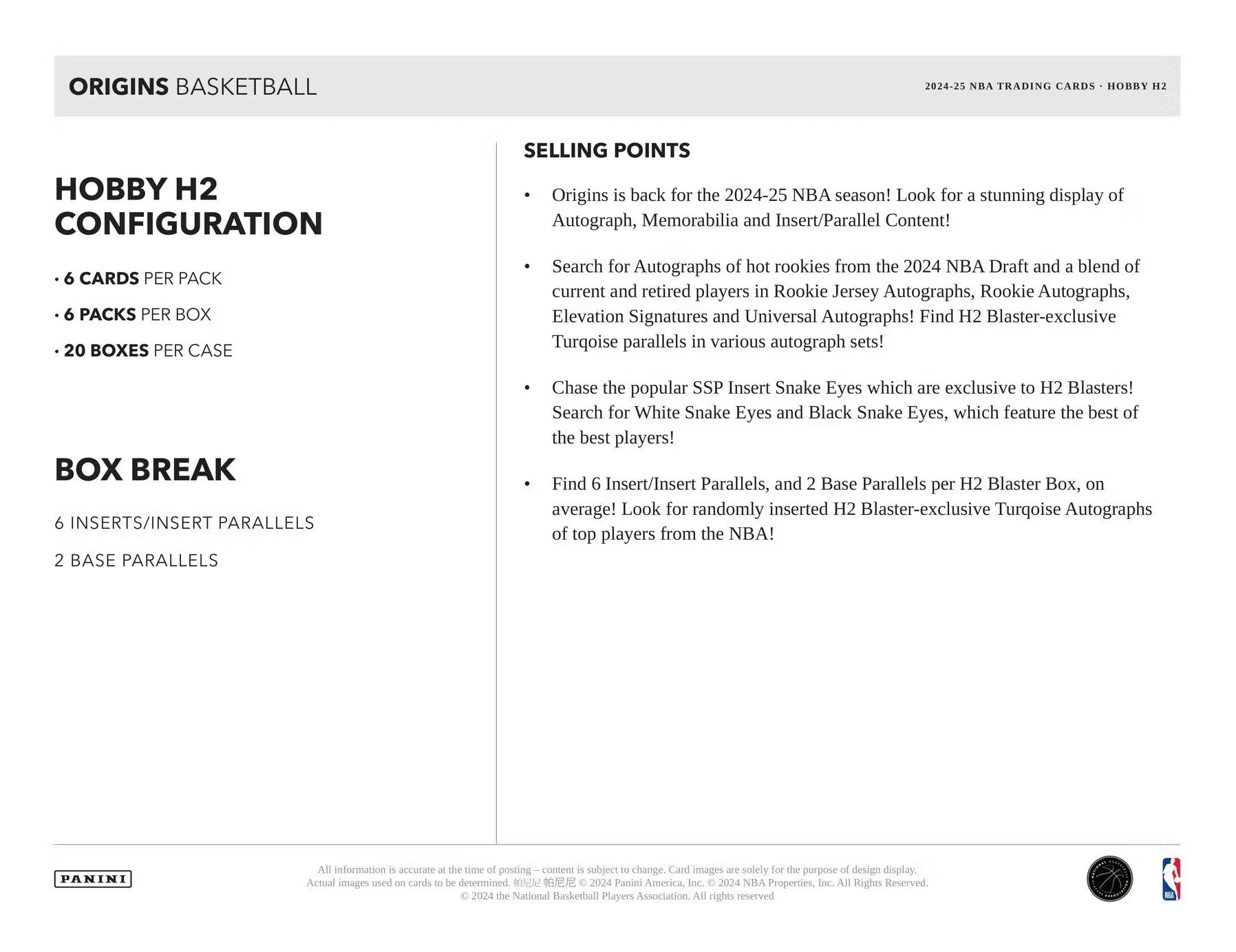 2024-25 Panini Origins Basketball H2 Trading Cards