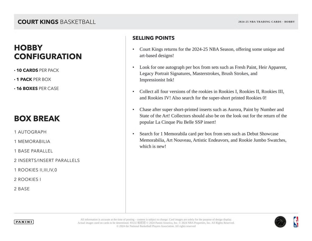 2024-25 Panini Court Kings Basketball Hobby Trading Cards