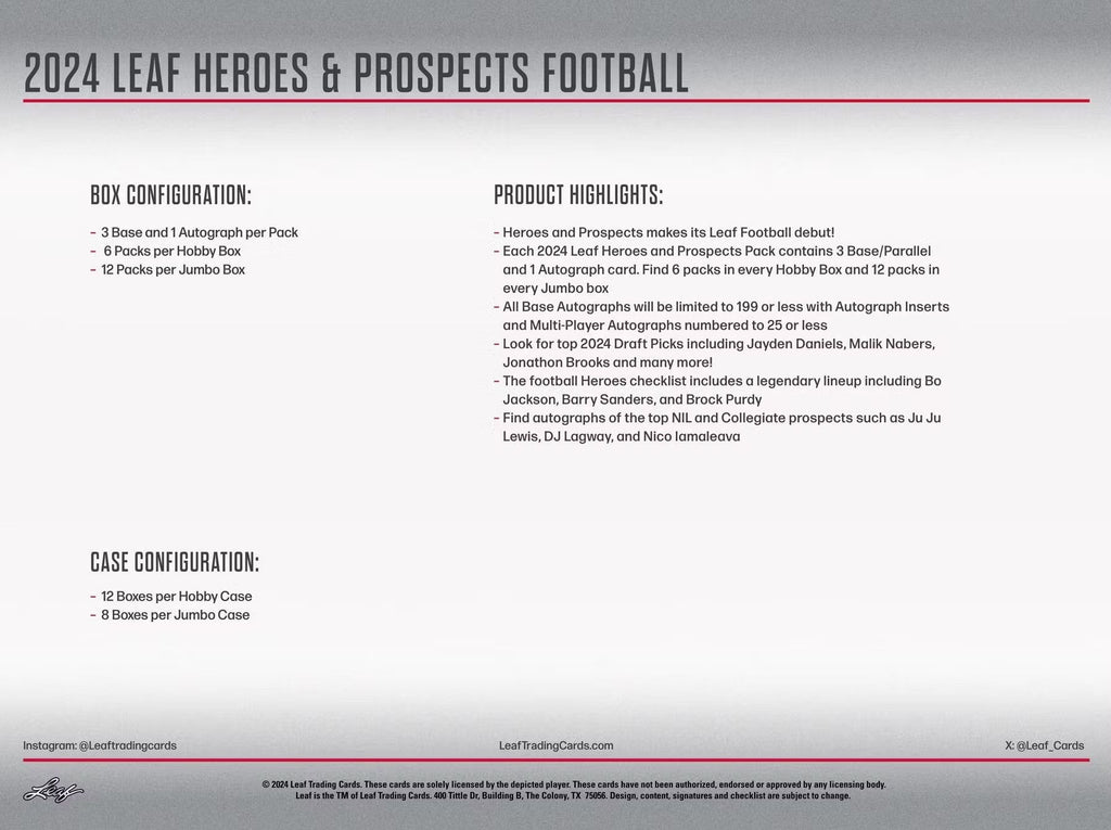 2024 Leaf Heroes and Prospects Football Jumbo Trading Cards