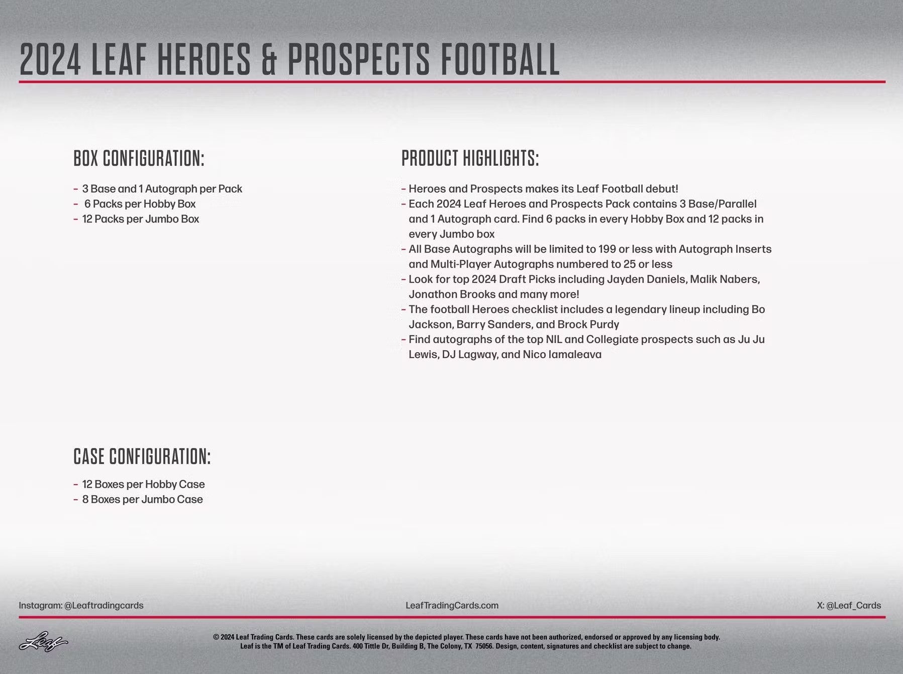 2024 Leaf Heroes and Prospects Football Jumbo Trading Cards