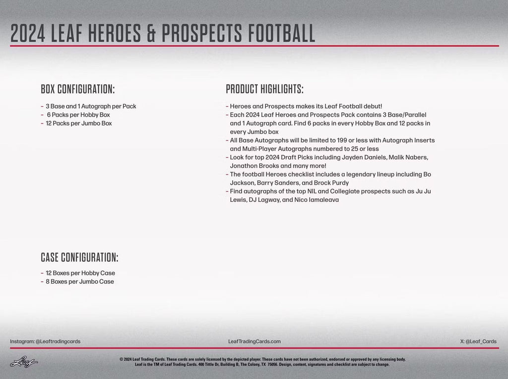 2024 Leaf Heroes and Prospects Football Hobby Trading Cards