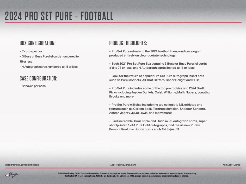 2024 Leaf Pro Set Pure Football Hobby Trading Cards