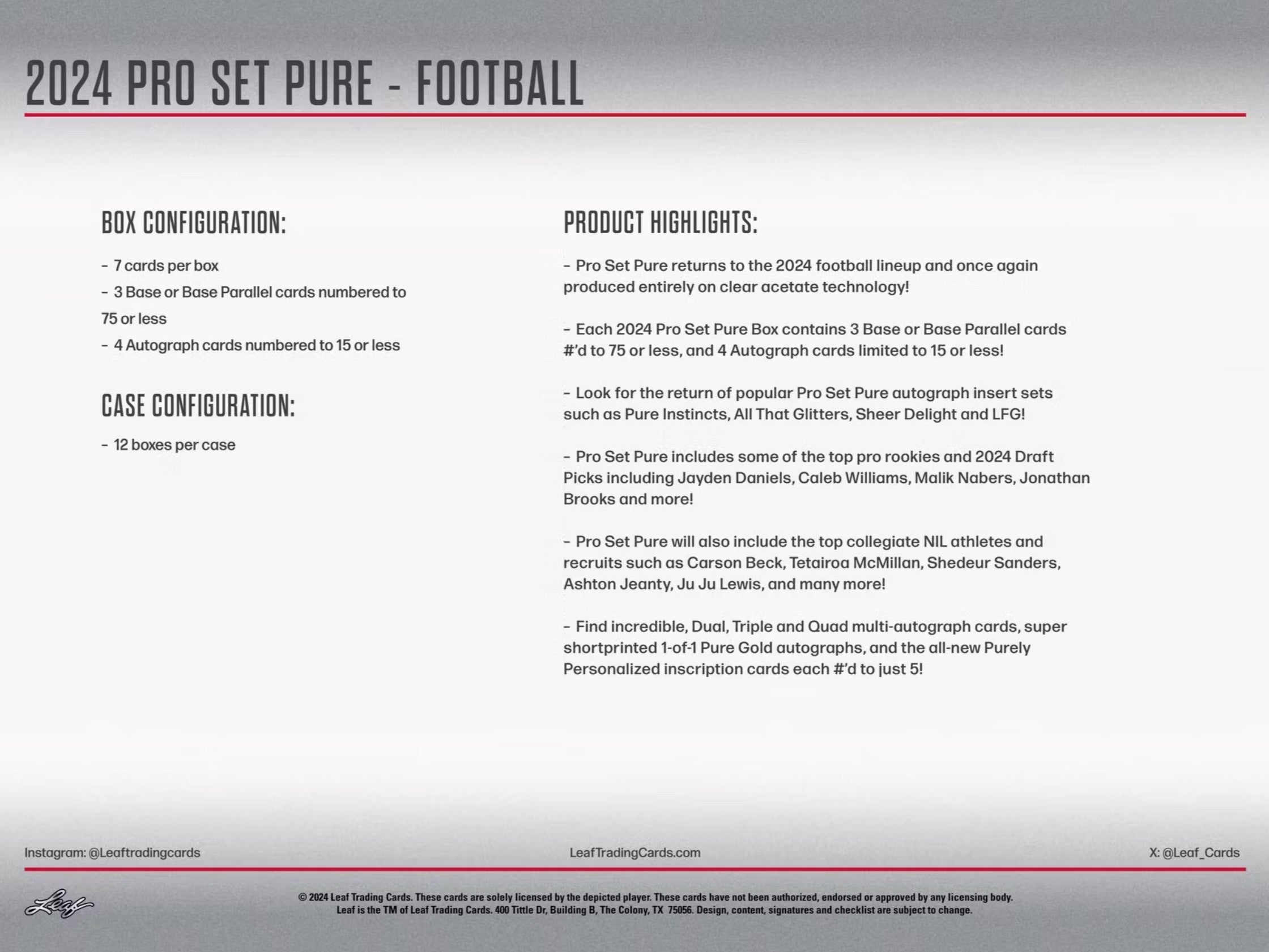 2024 Leaf Pro Set Pure Football Hobby Trading Cards