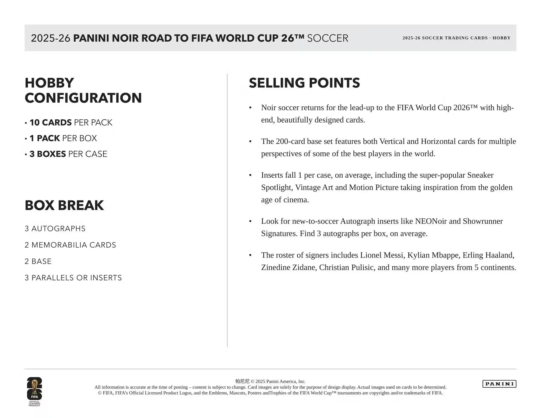 2025-26 Panini Noir Soccer Road to FIFA World Cup Hobby Trading Cards
