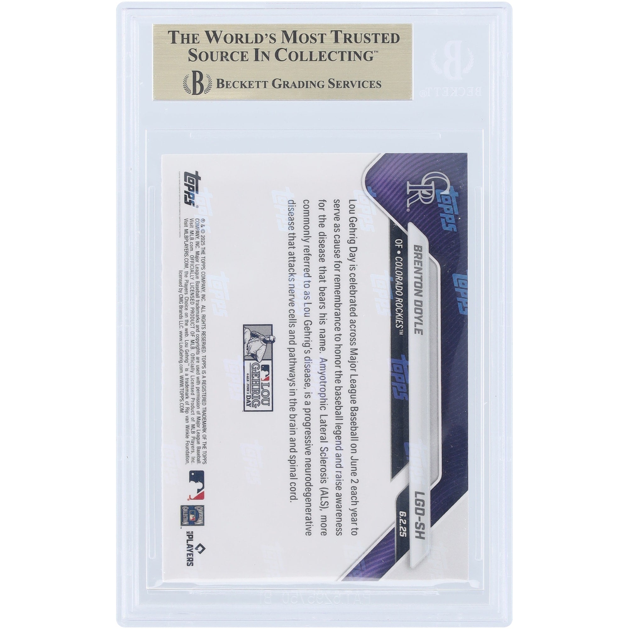 Brenton Doyle Colorado Rockies 2025 Topps Now Lou Gehrig Day #LGD-SH BGS Authenticated 9.5 Card