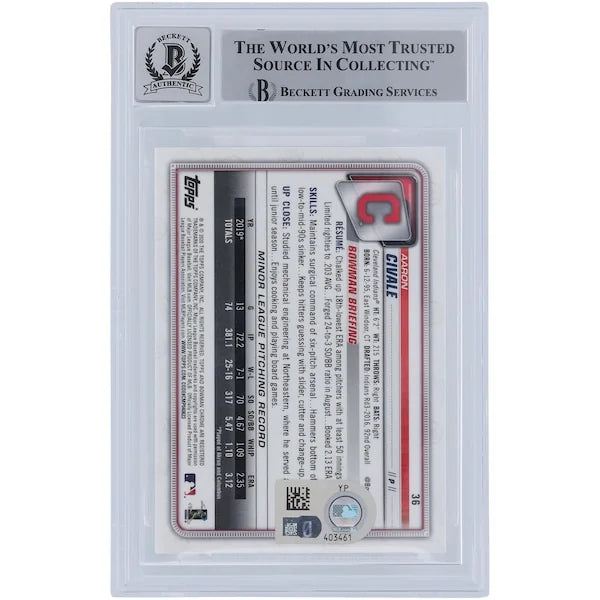 Aaron Civale Signed 2020 Bowman Chrome #36 Rookie Card | Graded 9