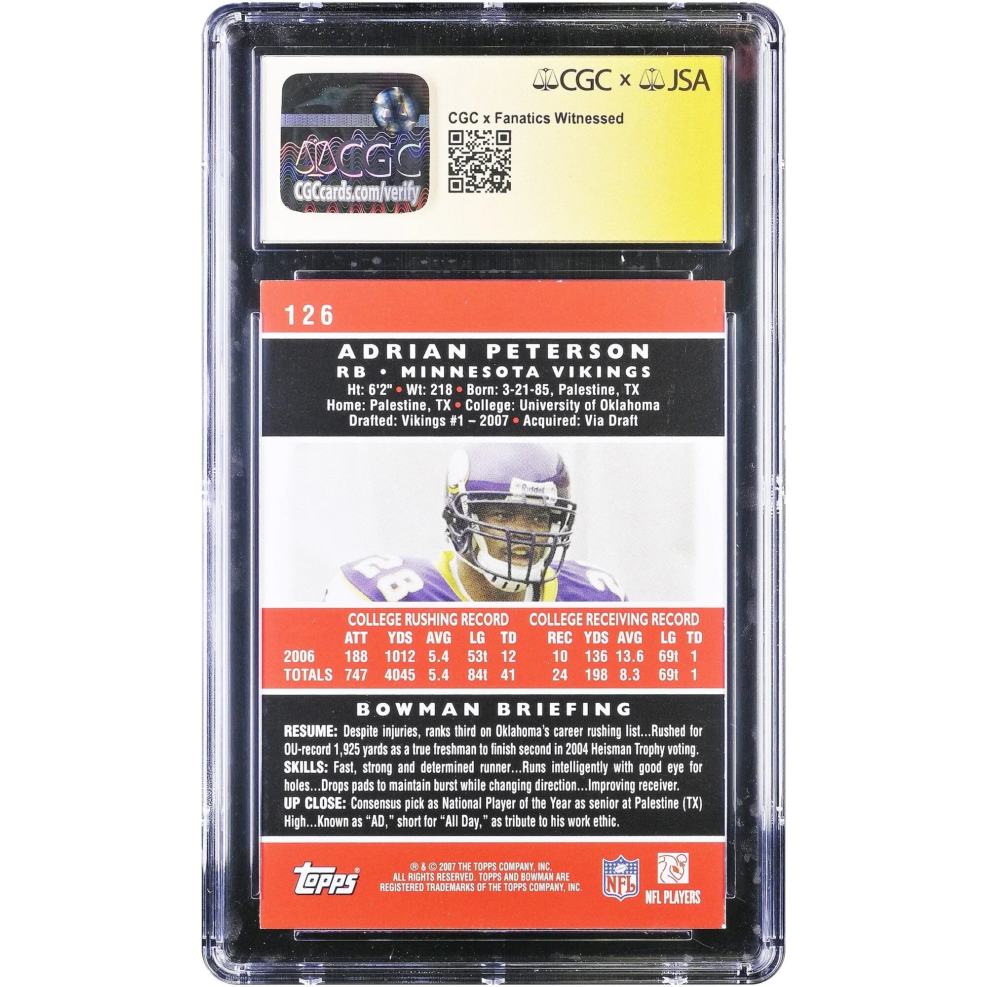 Adrian Peterson Signed 2007 Bowman #126 Rookie Card | CGC Graded