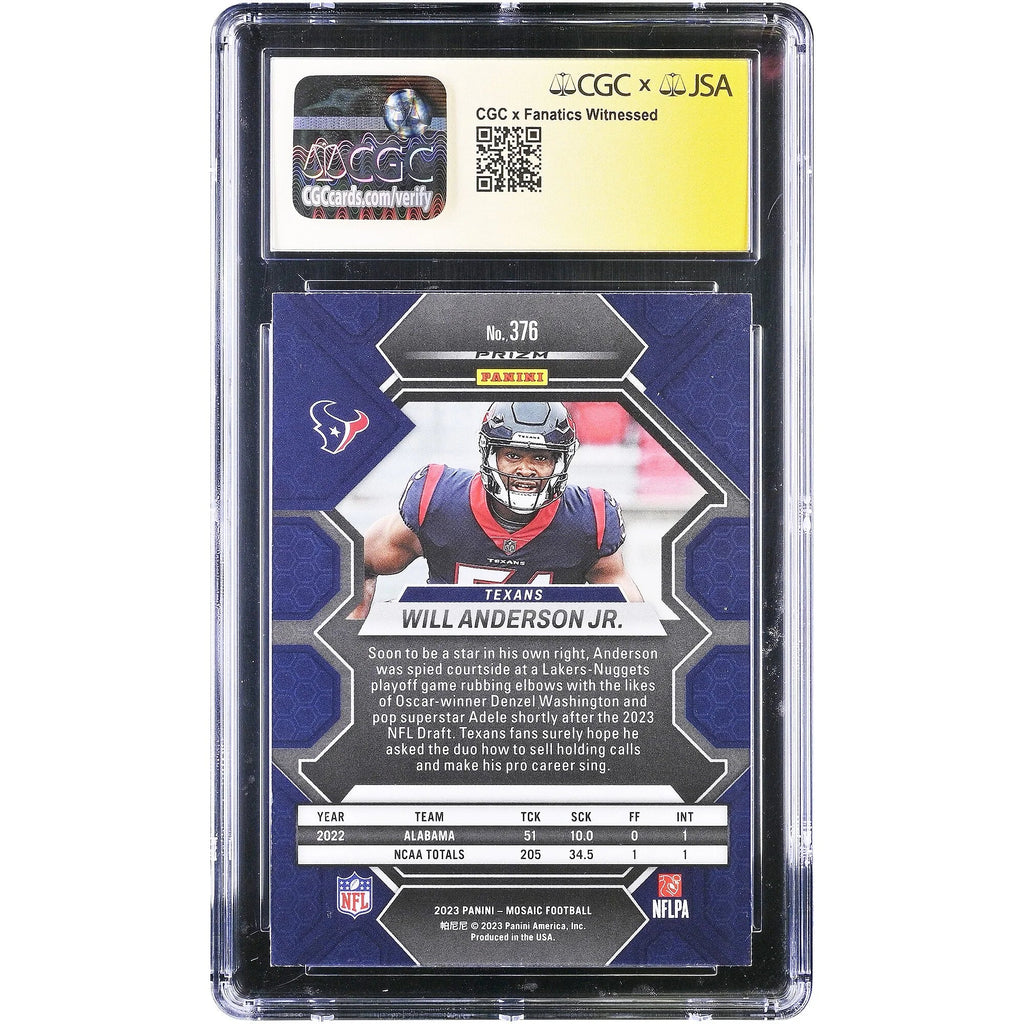 Will Anderson Jr. Signed 2023 Panini Mosaic #376 Rookie Card | CGC 9.5