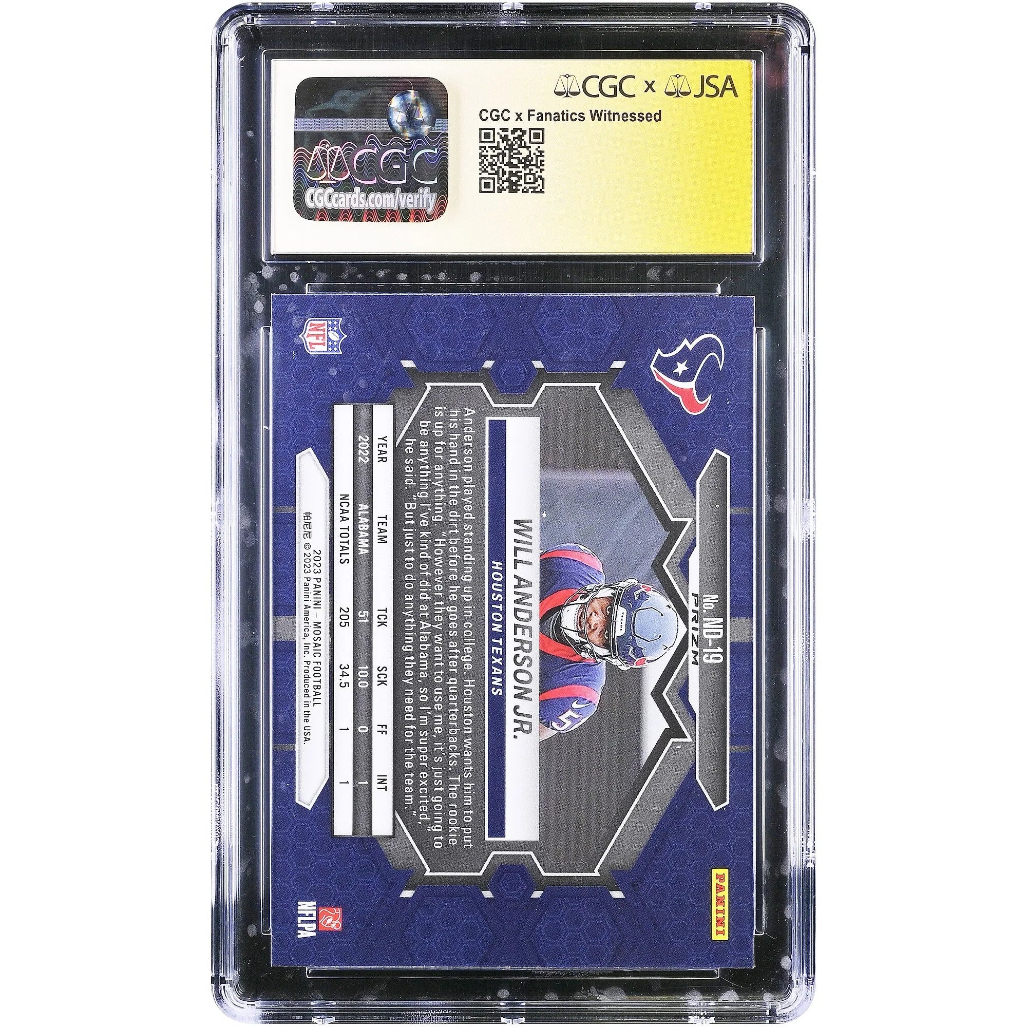 Will Anderson Jr. Signed 2023 Panini Mosaic Gold Rookie Card | CGC 9.5