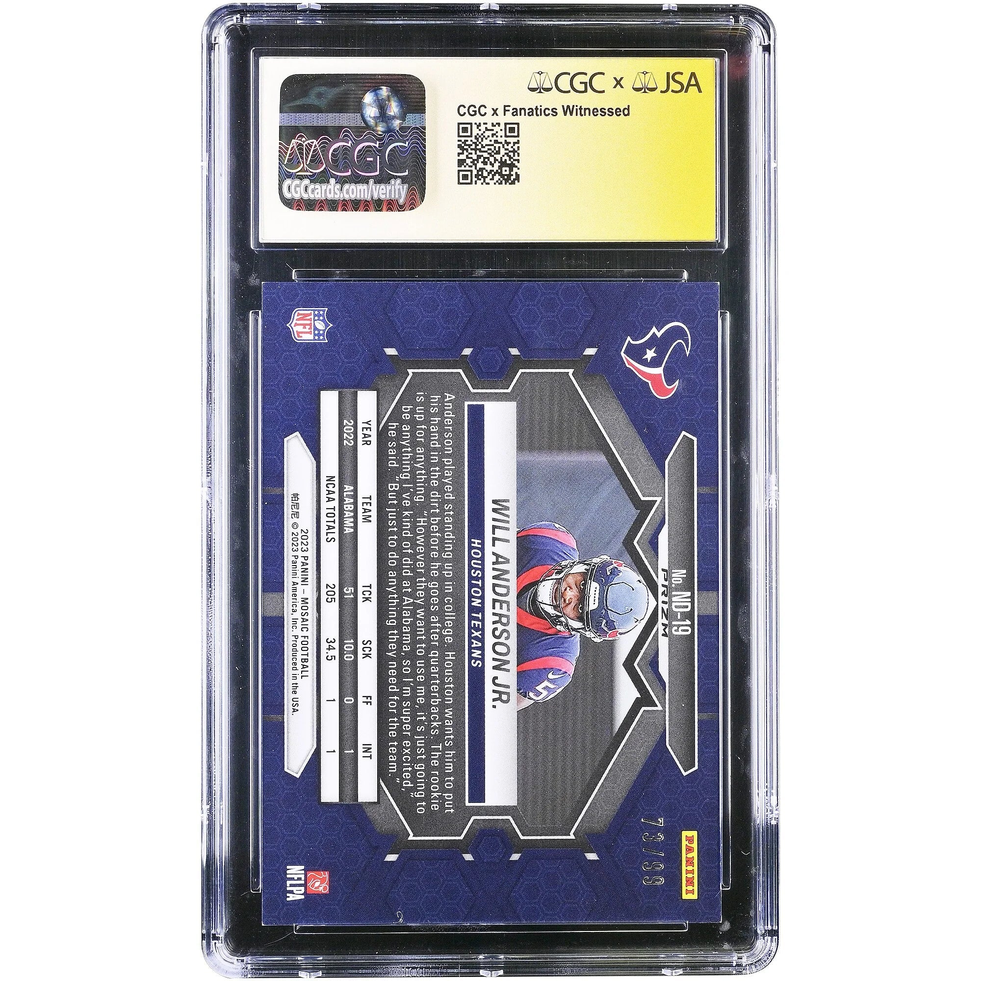 Will Anderson Jr. Signed 2023 Panini Mosaic Rookie Card | CGC 9.5