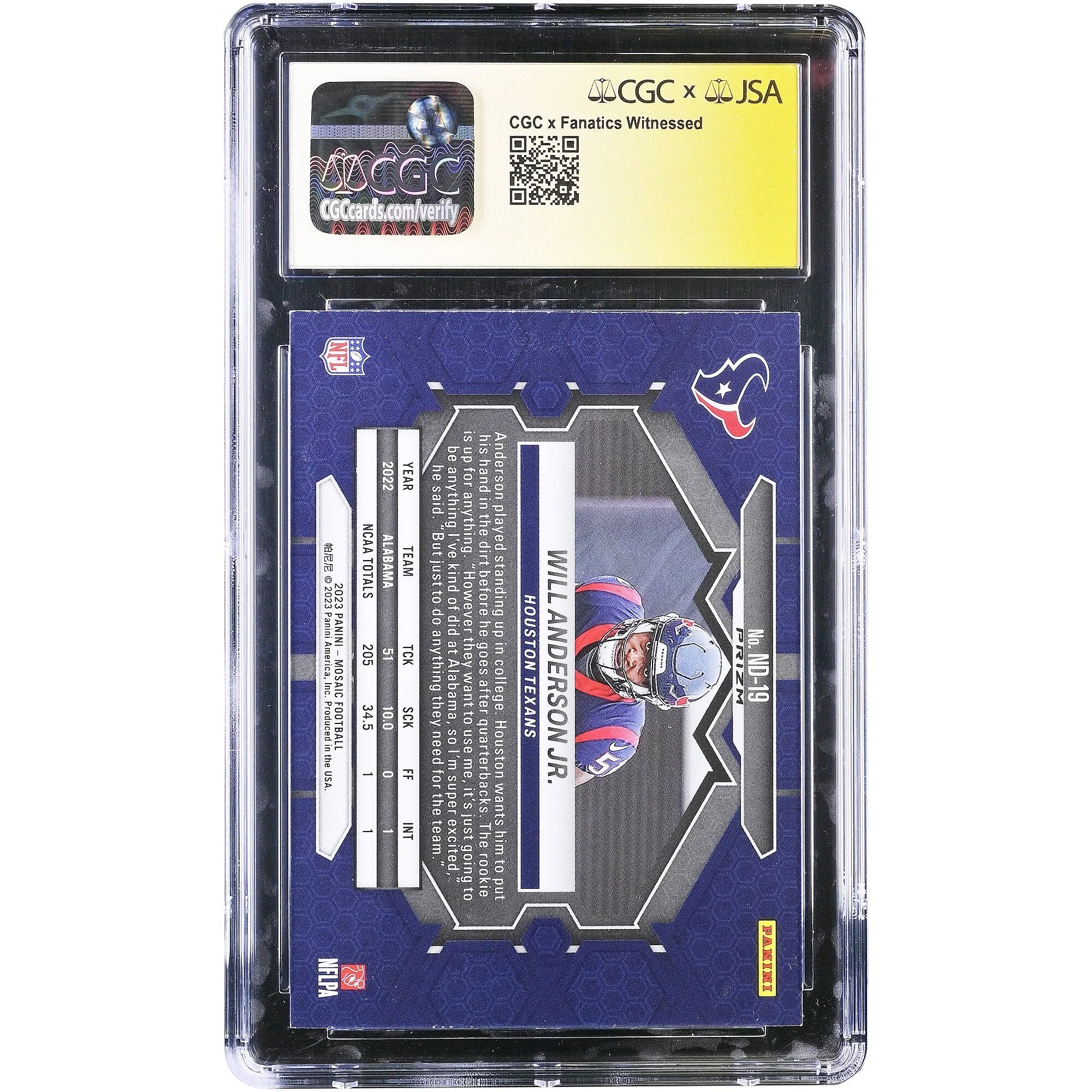 Will Anderson Jr Signed 2023 Panini Mosaic Rookie Card | CGC 9.5
