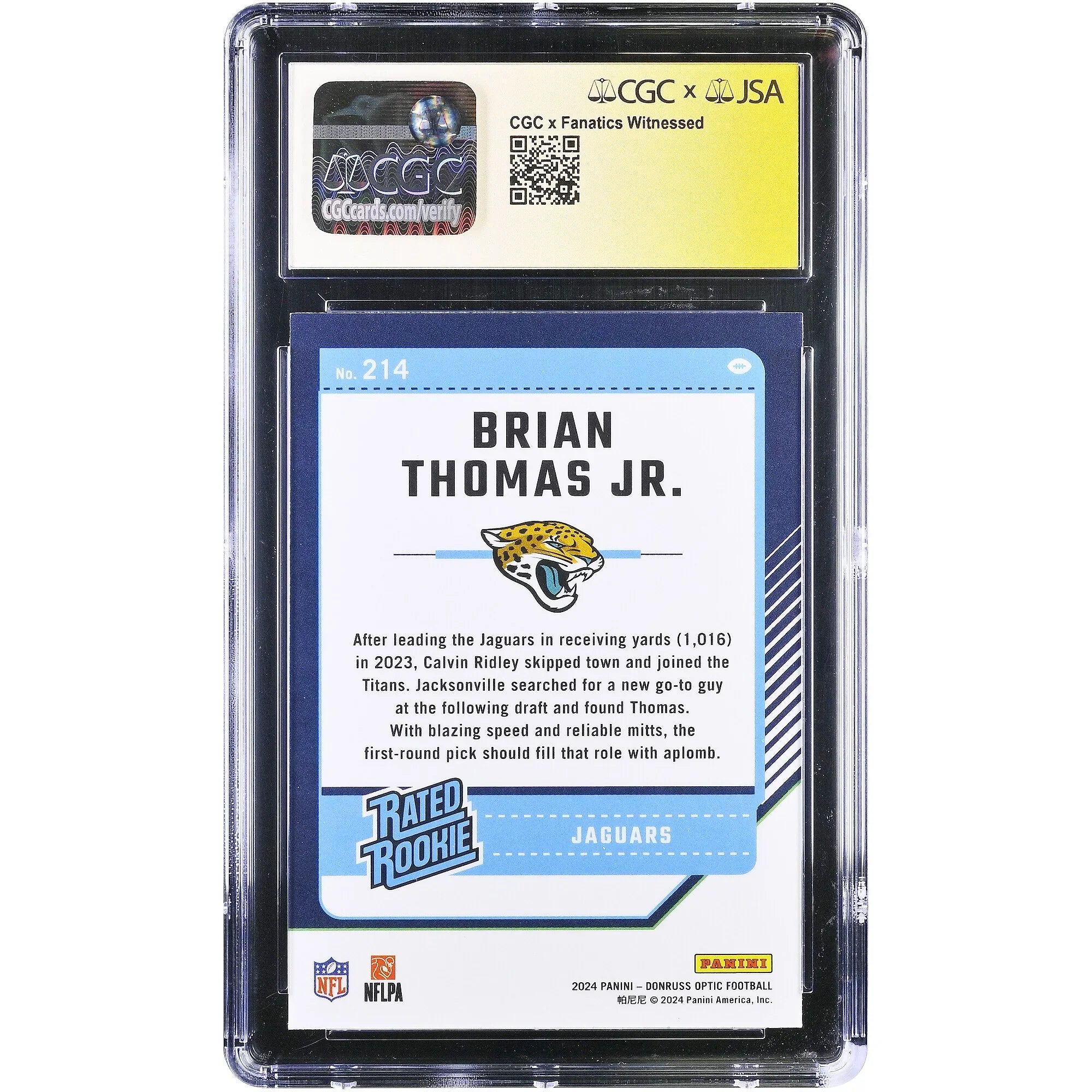 Brian Thomas Jr Signed 2024 Panini Donruss Optic #214 Rookie Card | CGC 9.5