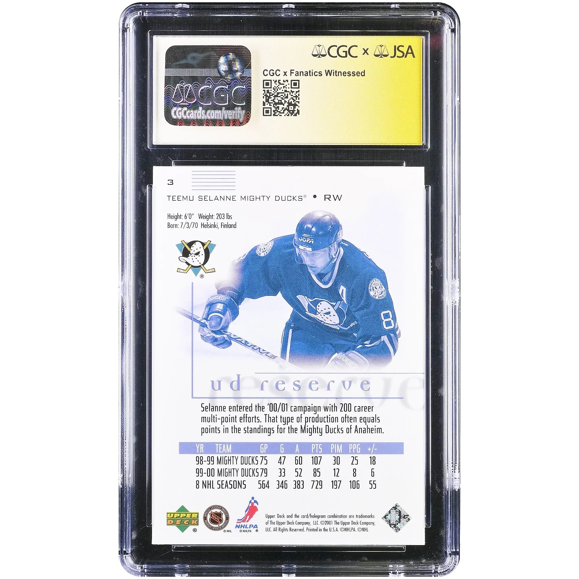 Teemu Selanne Signed 2000-01 Upper Deck Reserve #3 Card | CGC Graded 10