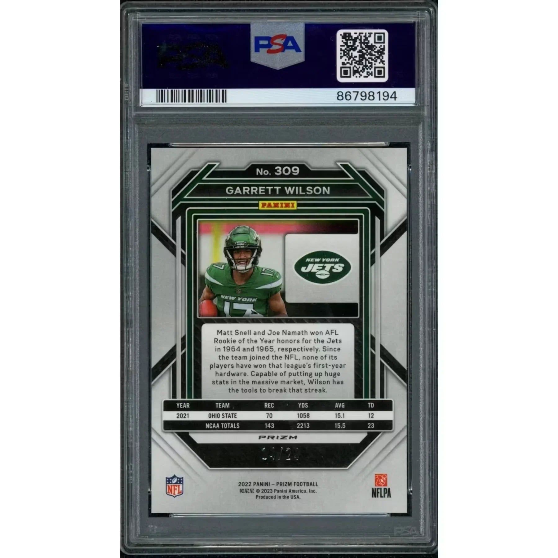 Garrett Wilson 2022 Panini Prizm Gold Sparkle #309 | PSA 10