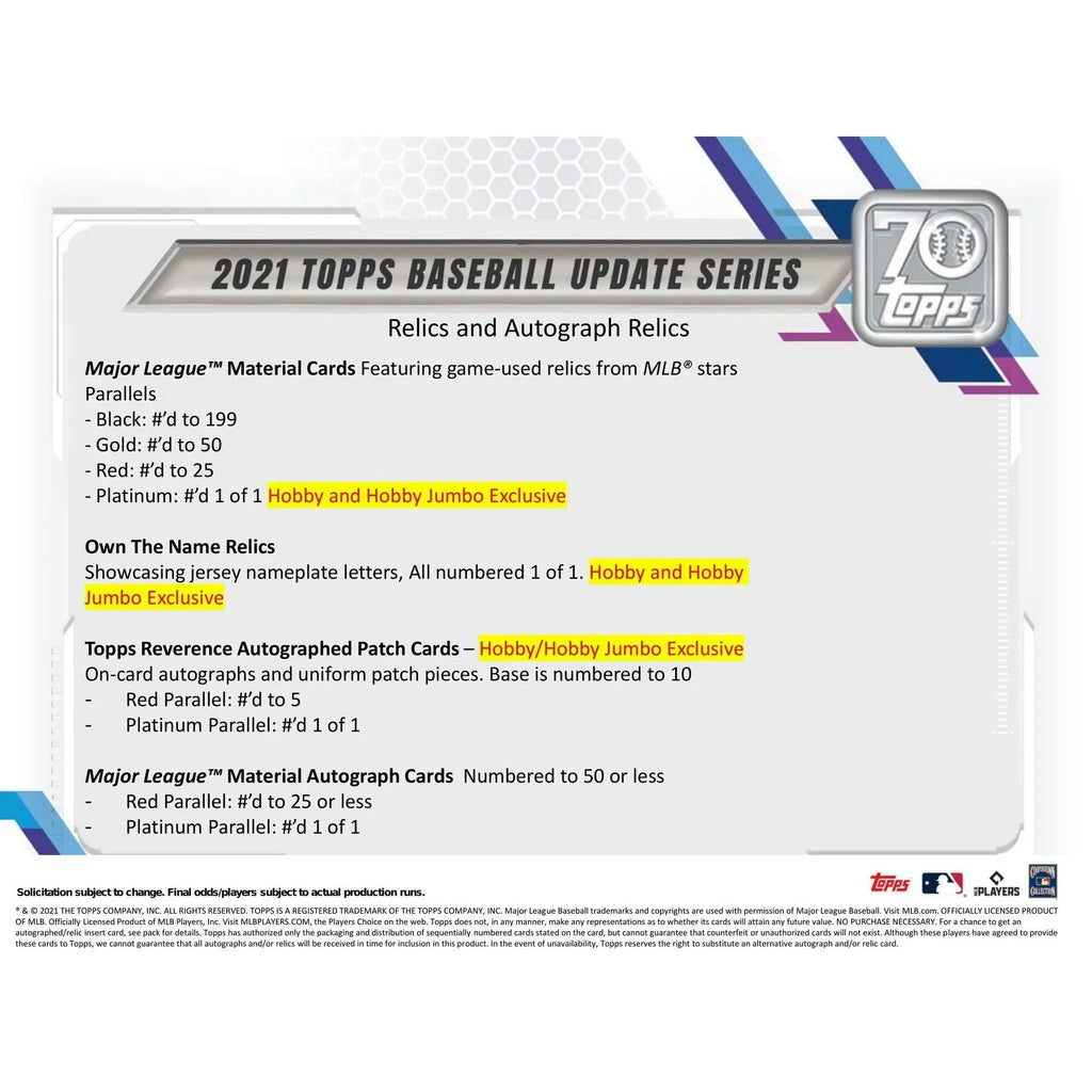 2021 Topps Update Series Baseball Hobby Box (Ships Sealed Only) - D