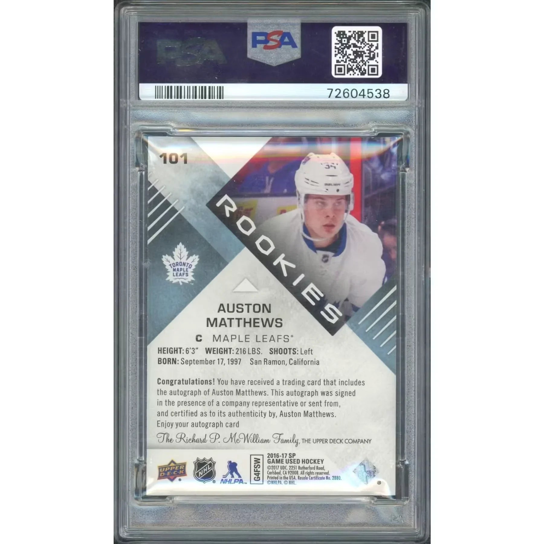Auston Matthews Signed 2016-17 SP Game Used Rookie Card | PSA 9