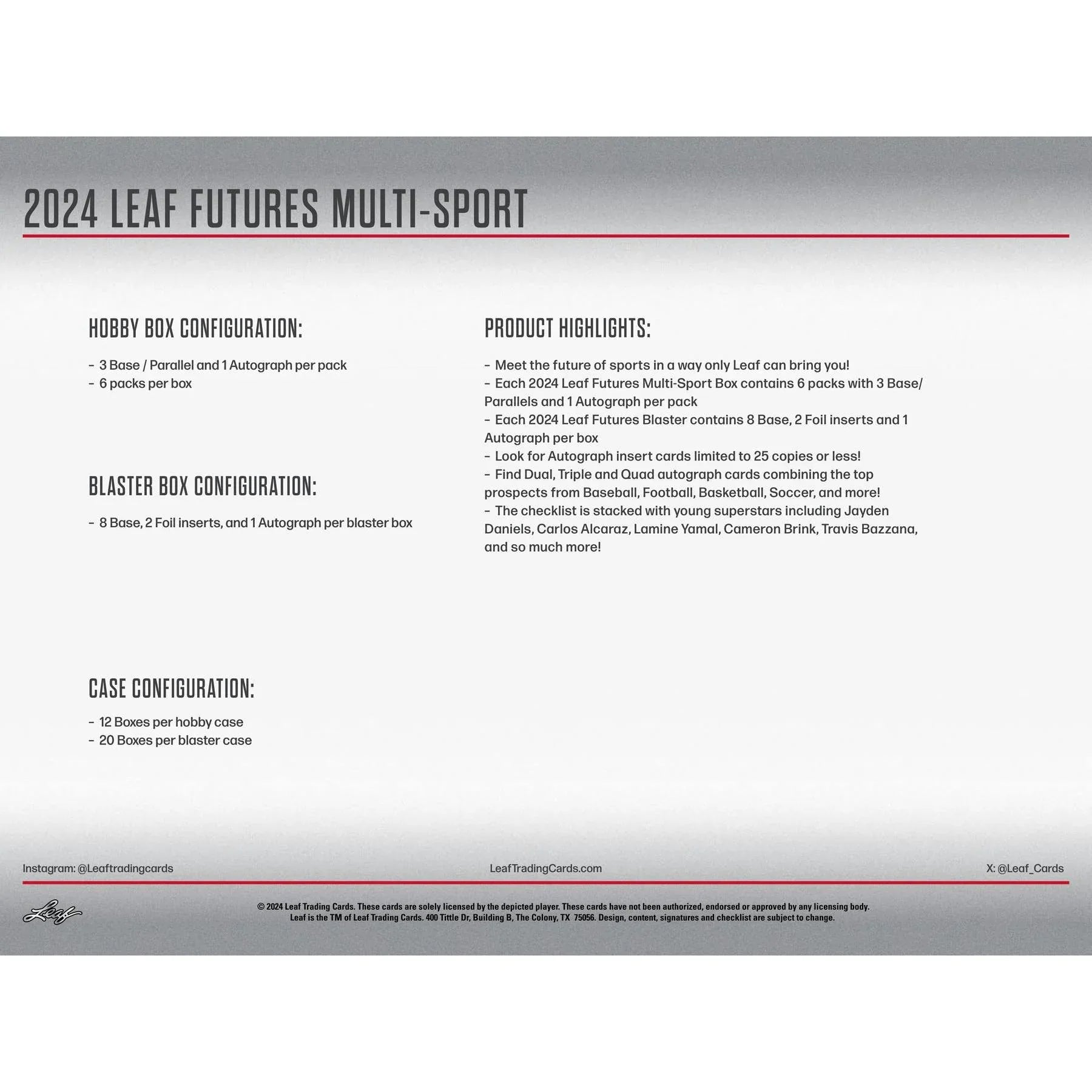 2024 Leaf Futures Multisport Hobby 12 Box Case (Ships Sealed Only)
