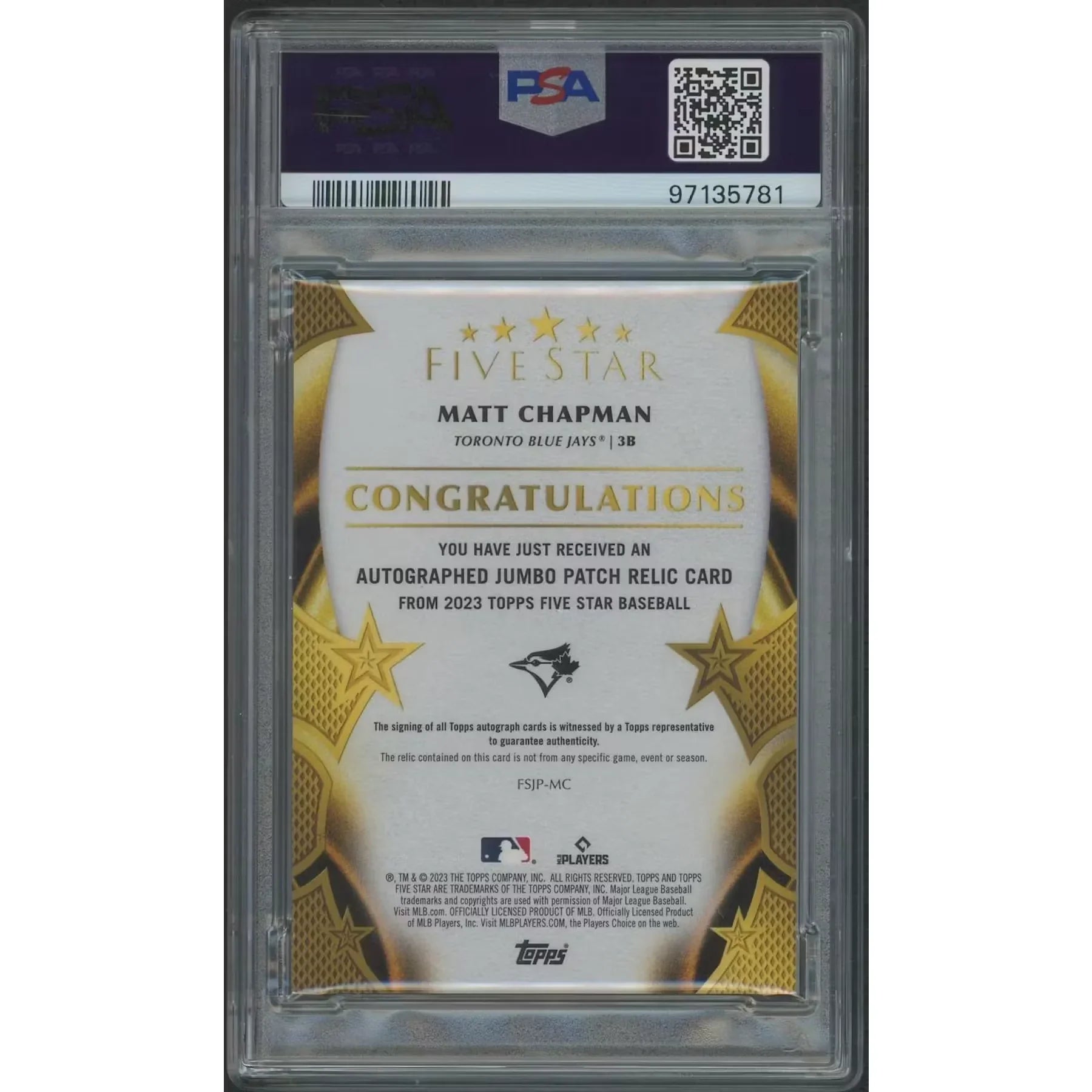 Matt Chapman Signed 2023 Topps Five Star Jumbo Patch Auto | PSA 8 NM-MT #08