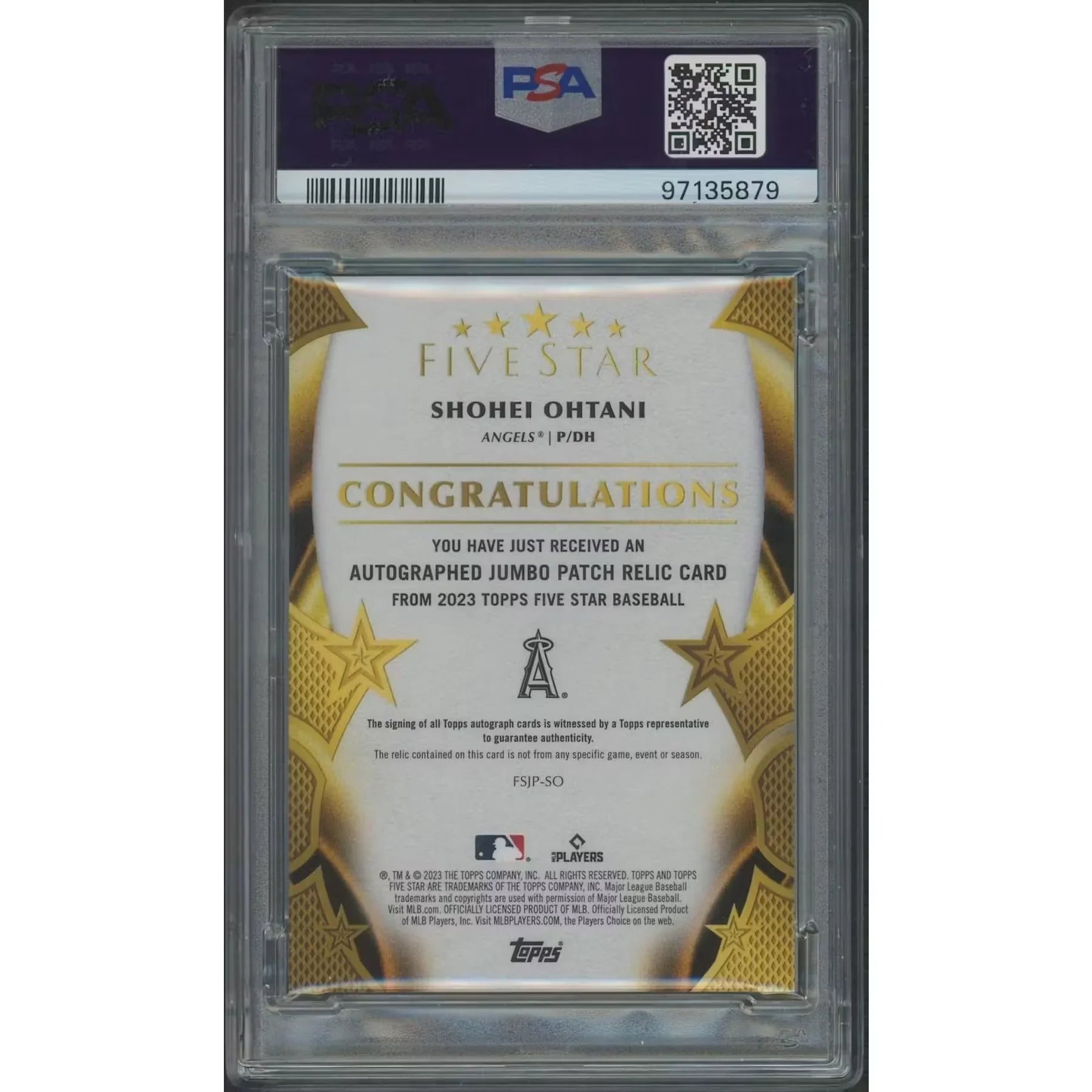 Shohei Ohtani Signed 2023 Topps Five Star Card | Silver Rainbow Jumbo Patch Auto #5/5 PSA