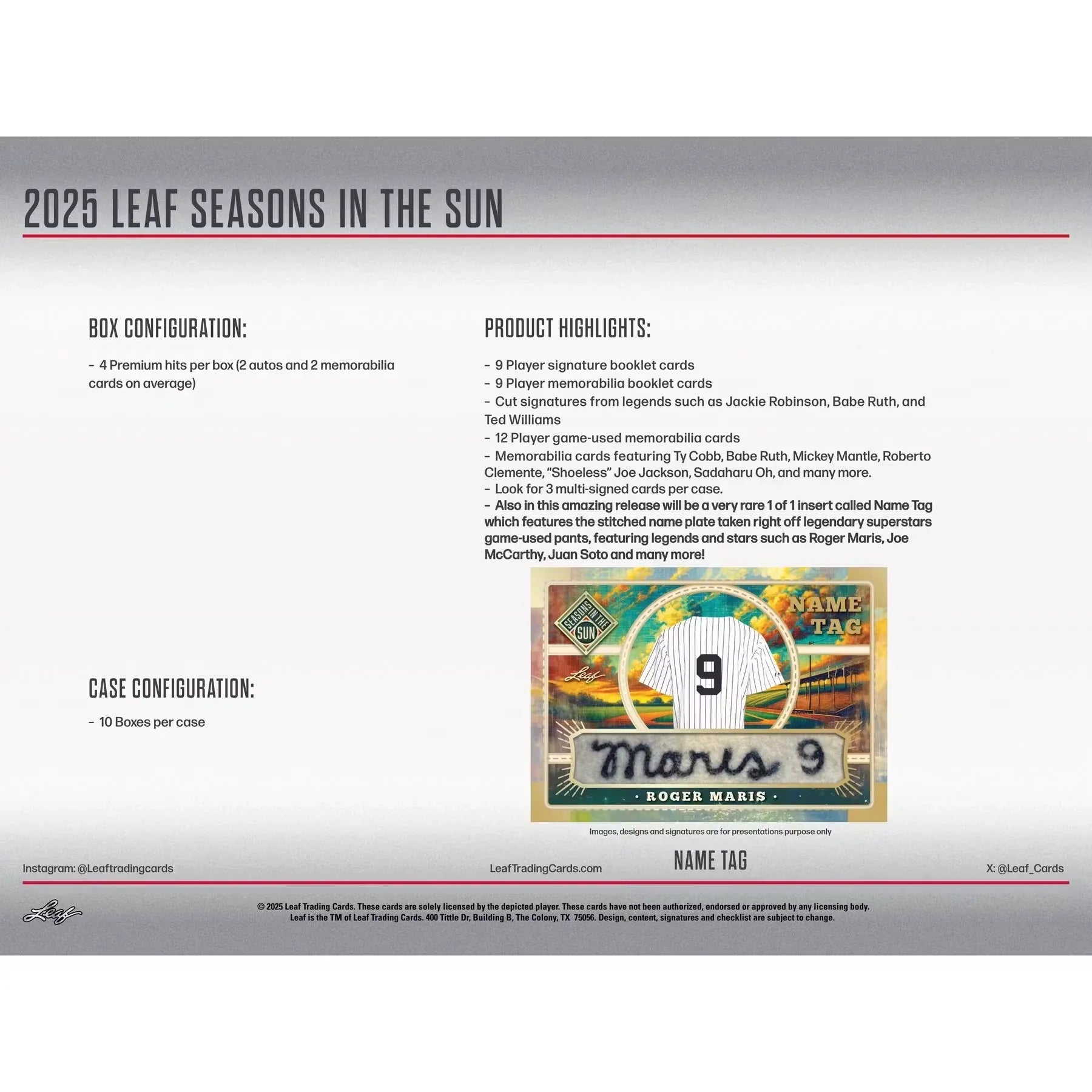 2025 Leaf Seasons in the Sun Baseball Hobby Box (Ships Sealed Only)