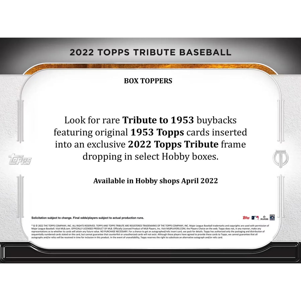 2022 Topps Tribute Baseball Hobby Box (Ships Sealed Only)