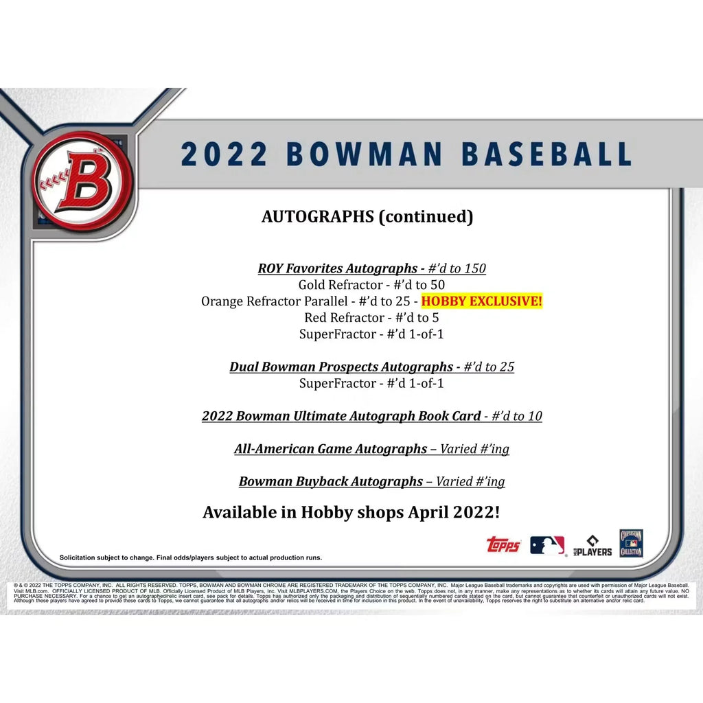 2022 Bowman Baseball Hobby 12-Box Case (Ships Sealed Only) - D