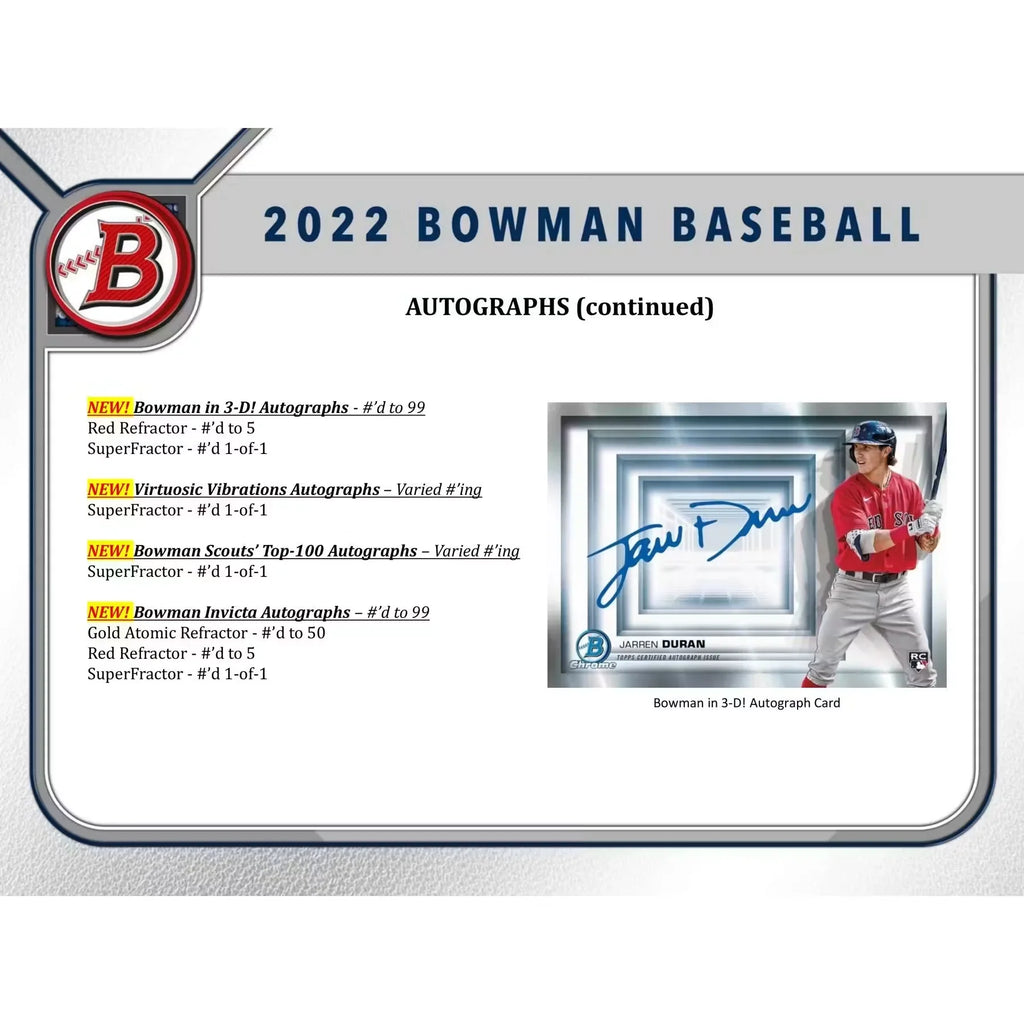 2022 Bowman Baseball Hobby Jumbo Box | 3 Autographs (Ships Sealed Only)