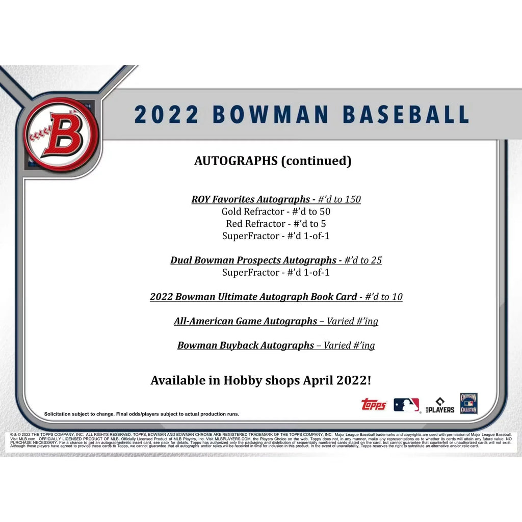 2022 Bowman Baseball Hobby Jumbo Box | 3 Autographs (Ships Sealed Only)