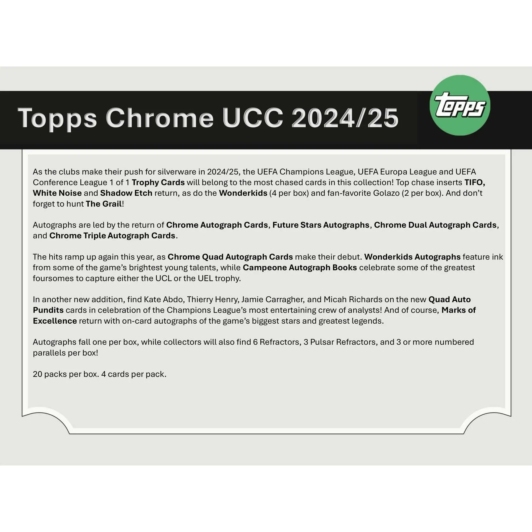 2024 25 Topps Chrome UEFA Club Competitions Hobby Box (Ships Sealed Only)