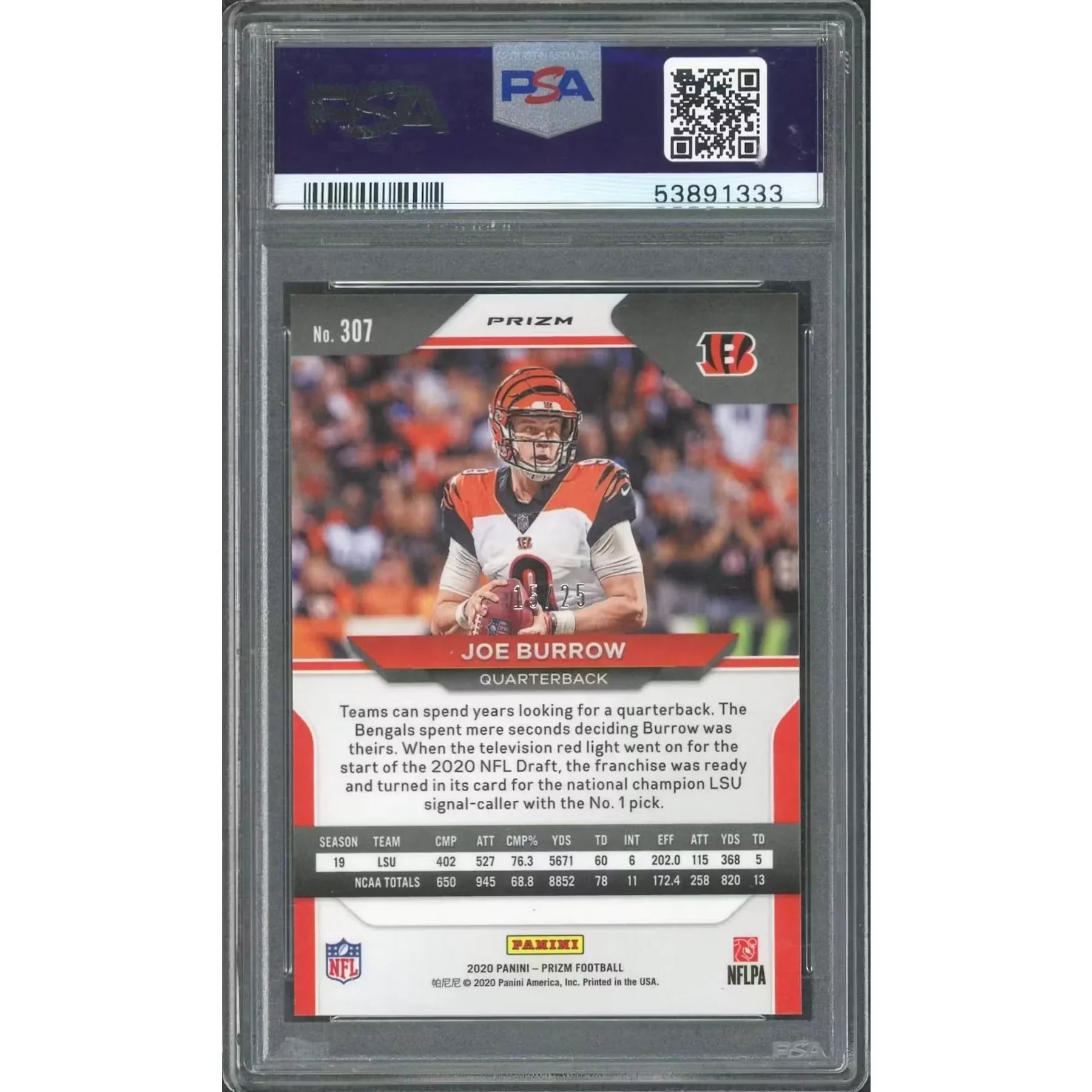 Joe Burrow 2020 Panini Prizm Blue Shimmer Rookie Card | PSA 10