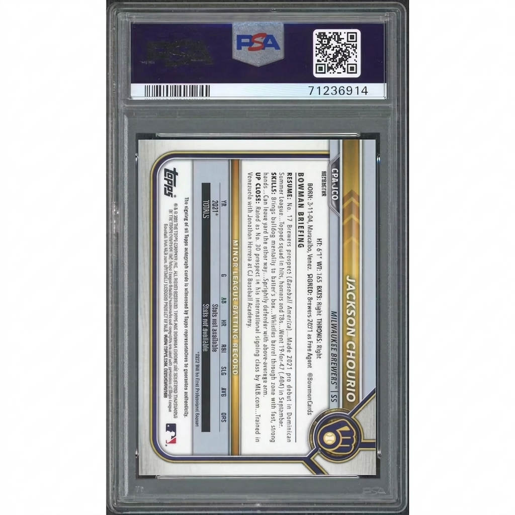 Jackson Chourio Signed 2022 Bowman Chrome Refractor | PSA 10
