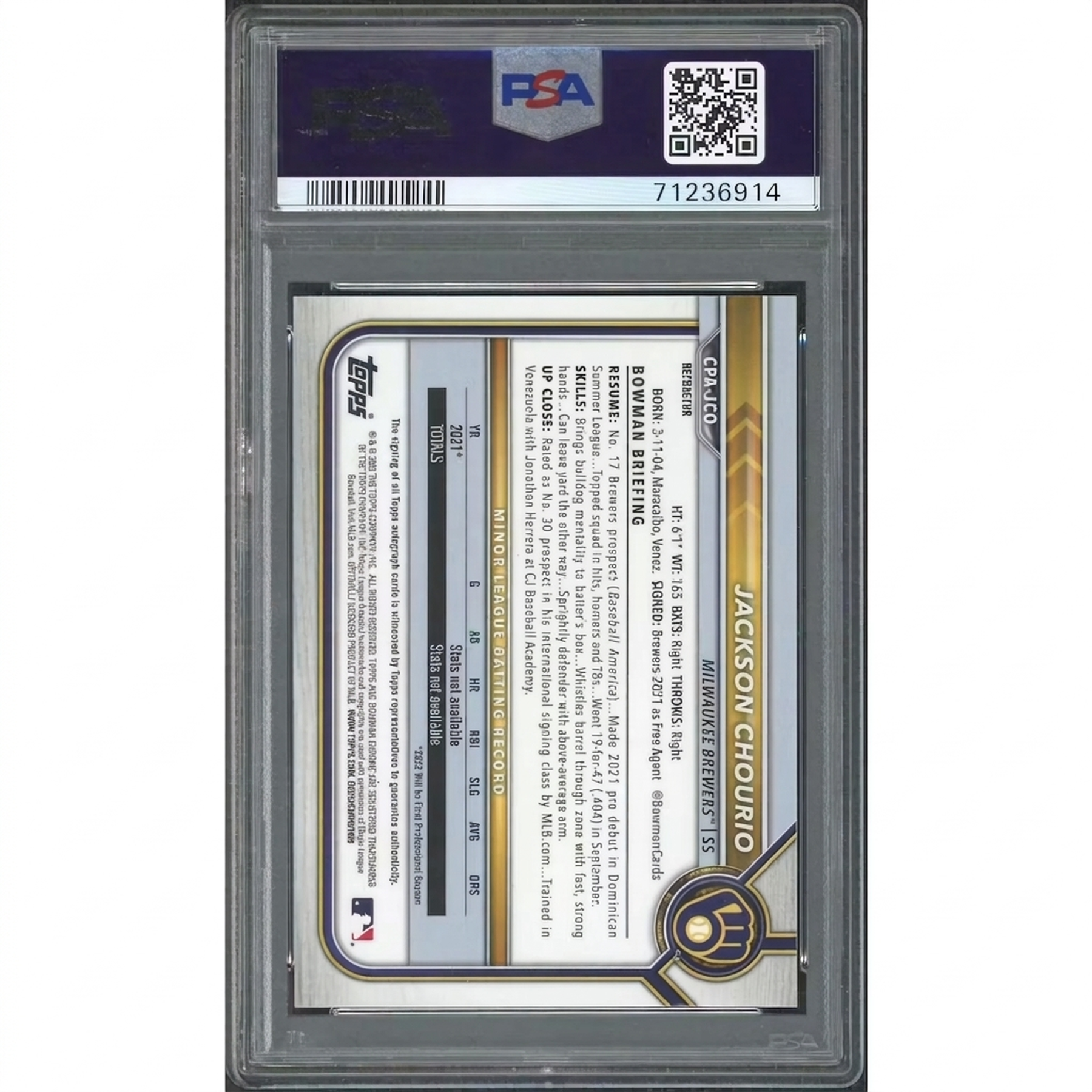 Jackson Chourio Signed 2022 Bowman Chrome Refractor | PSA 10