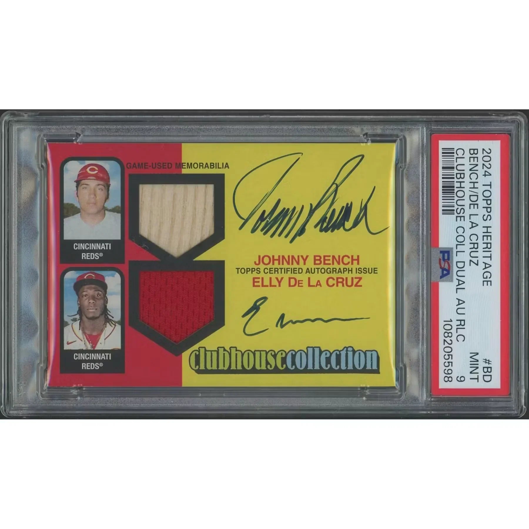 Johnny Bench & Elly De La Cruz Signed 2024 Topps Heritage #06 Card | Dual Jersey Bat Auto