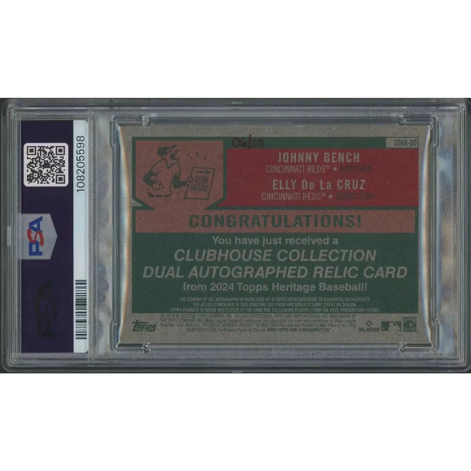 Johnny Bench & Elly De La Cruz Signed 2024 Topps Heritage #06 Card | Dual Jersey Bat Auto