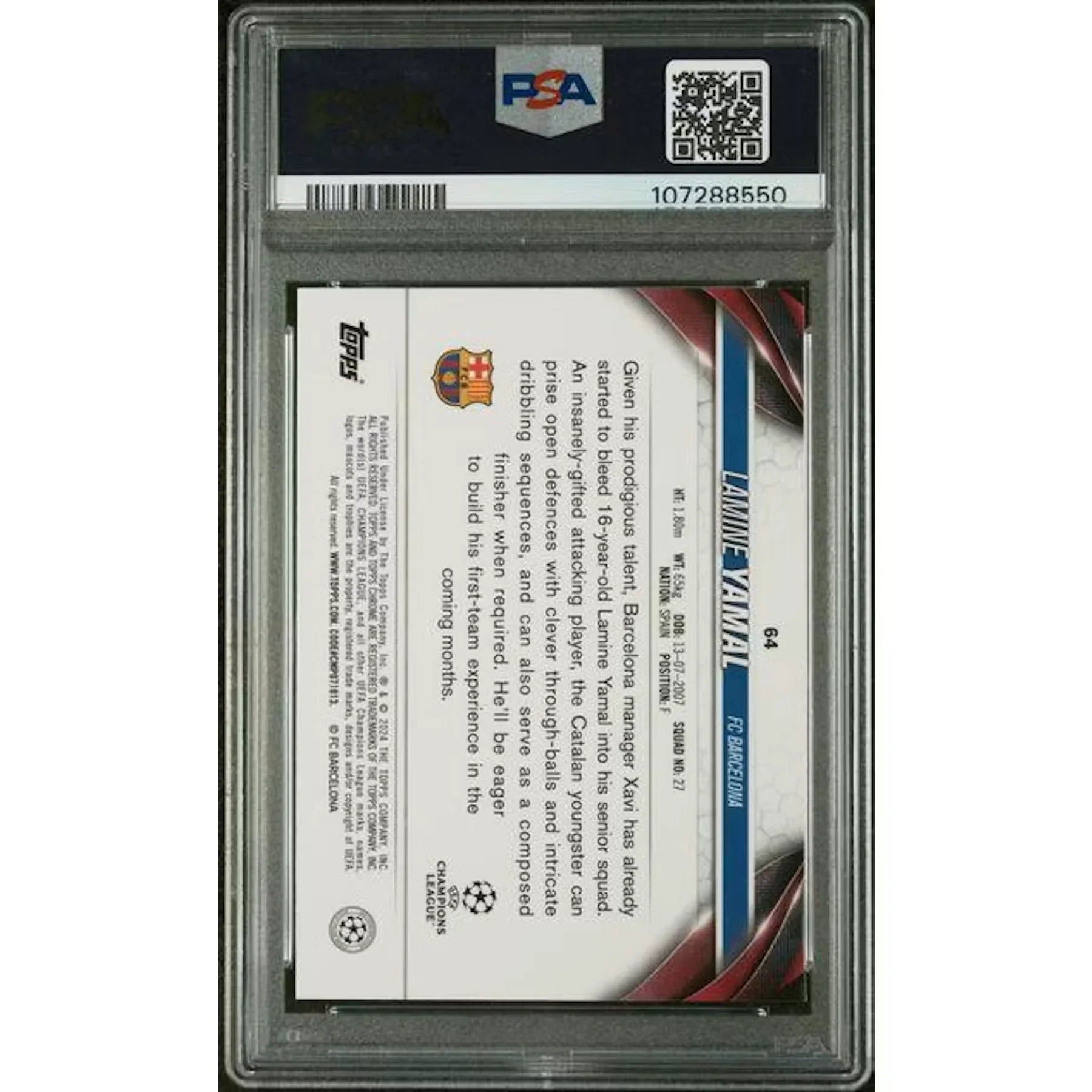 Lamine Yamal 2023-24 Topps Chrome UCC Rookie Card | Green Refractor/75 PSA 10