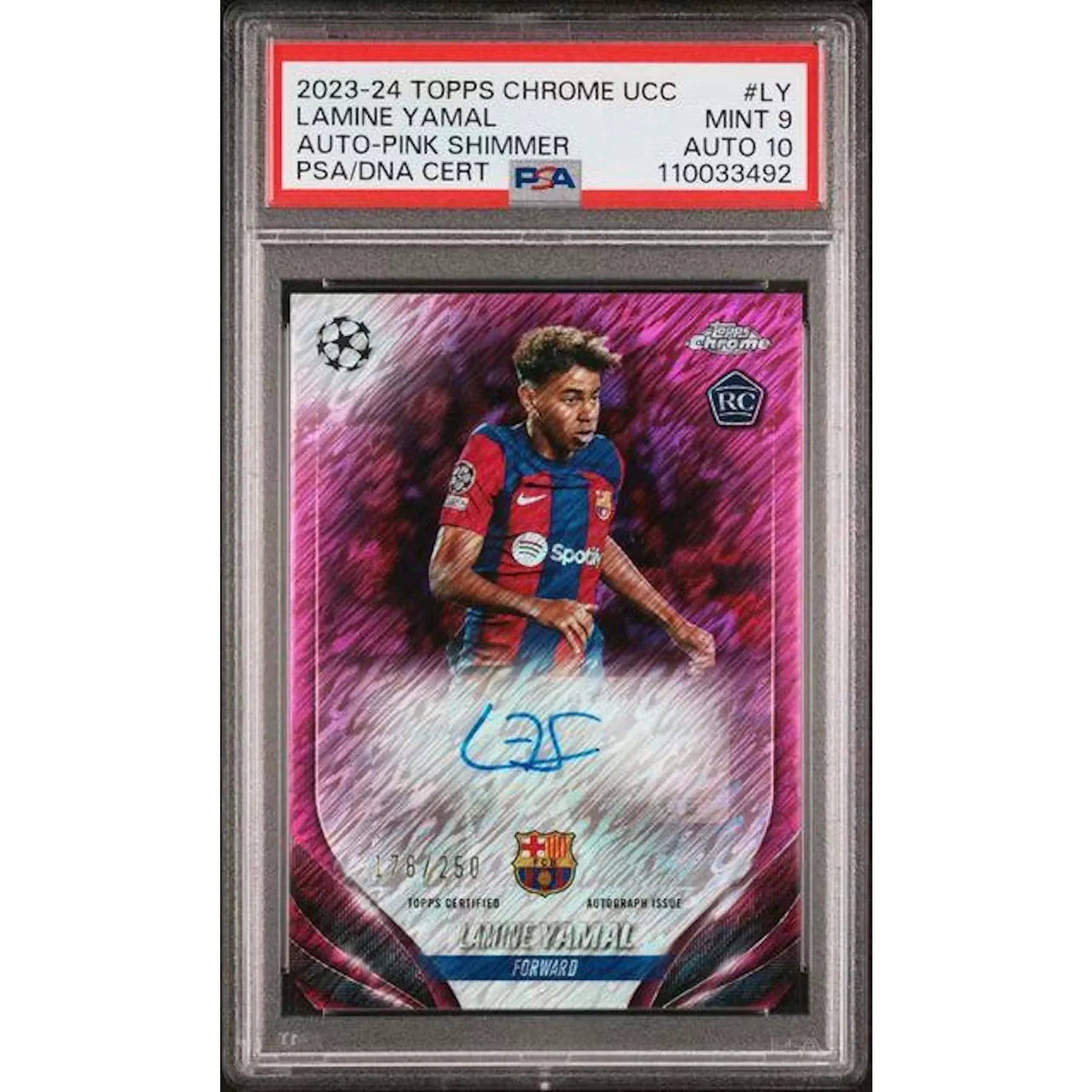 Lamine Yamal Signed 2023-24 Topps Chrome Card | Pink Shimmer Auto PSA 9