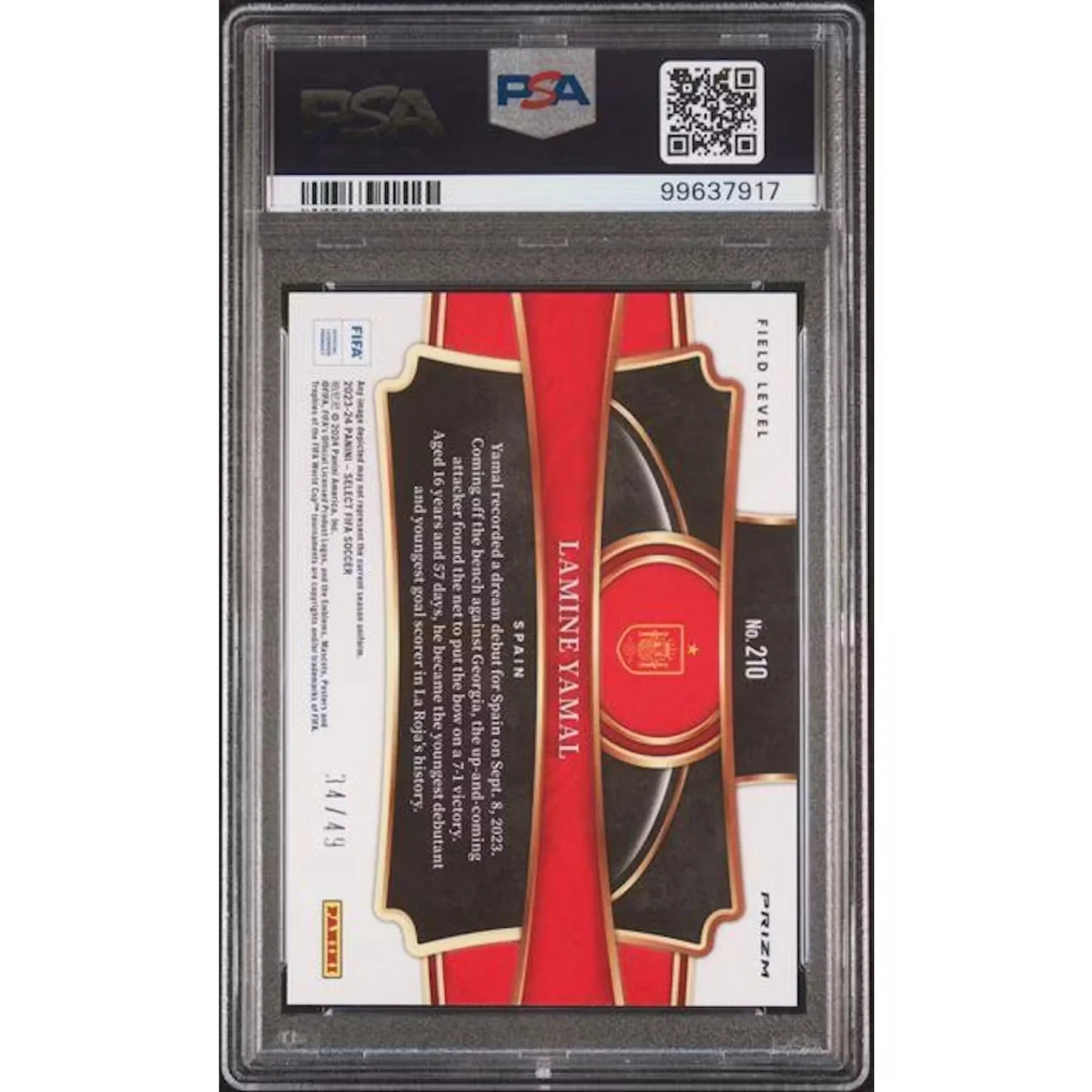 Lamine Yamal 2023-24 Panini Select FIFA Rookie Card | PSA 10 Orange Field Level/49