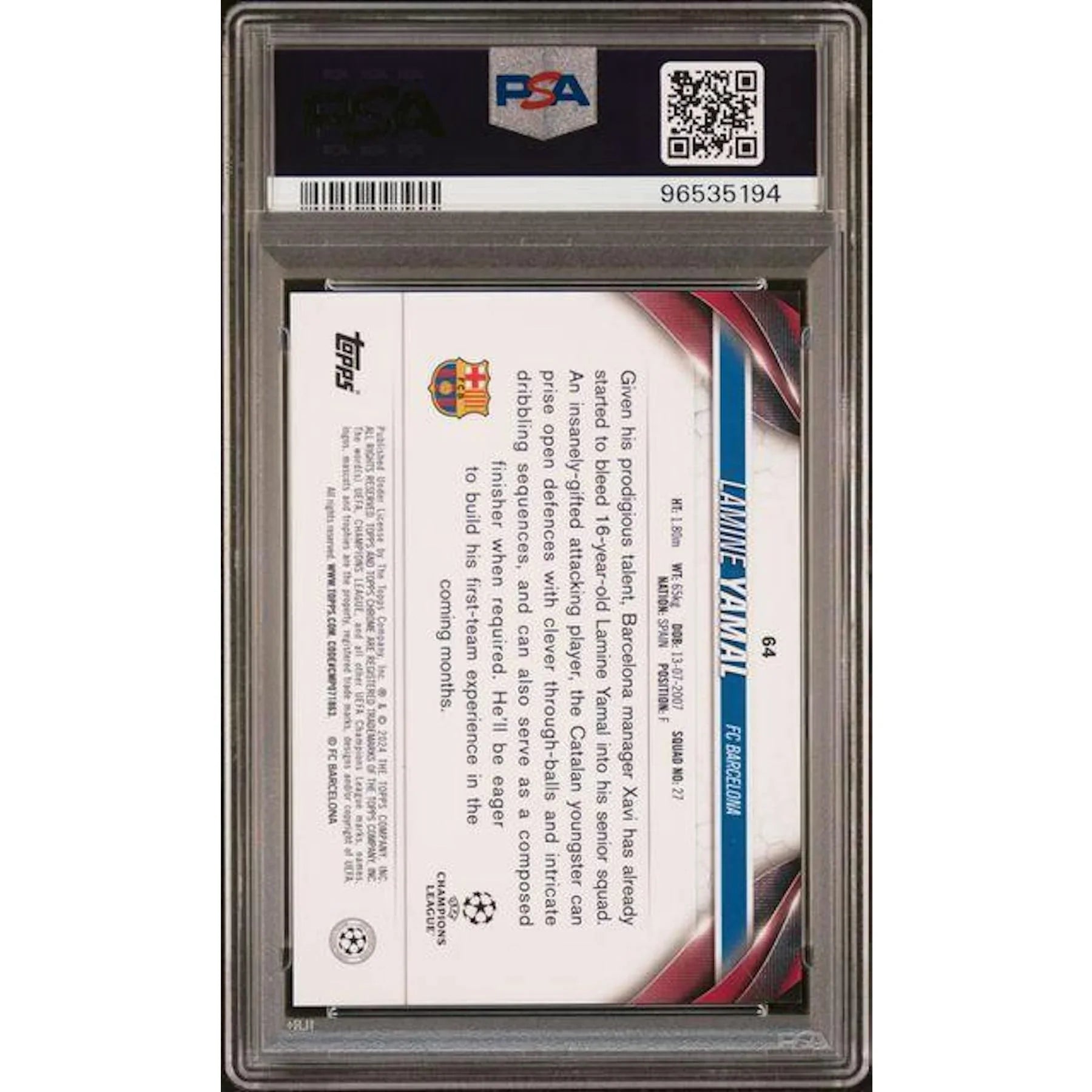 Lamine Yamal 2023-24 Topps Chrome UCC Hero Variation #64 | PSA 9