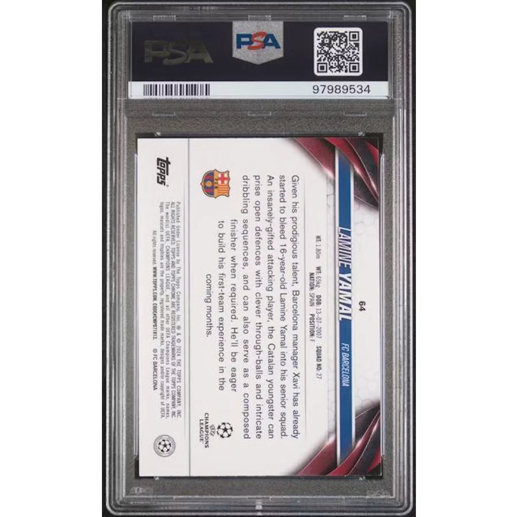 Lamine Yamal 2023-24 Topps Chrome Violet Speckle Refractor #64 | PSA 8