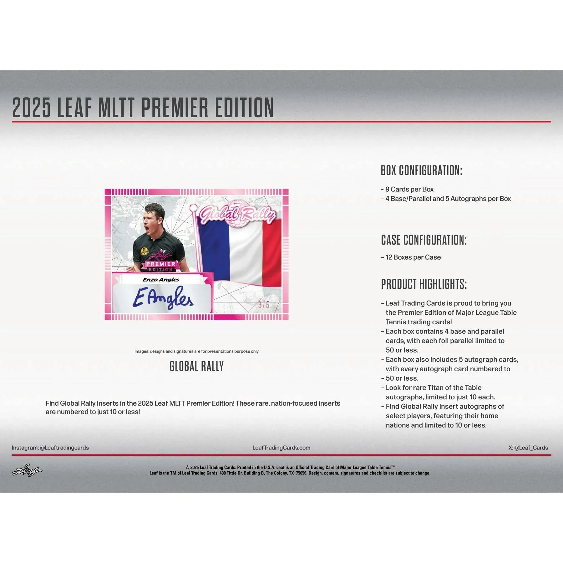 2025 Leaf MLTT Major League Table Tennis Premier Edition Hobby 12 Box Case (Ships Sealed Only)