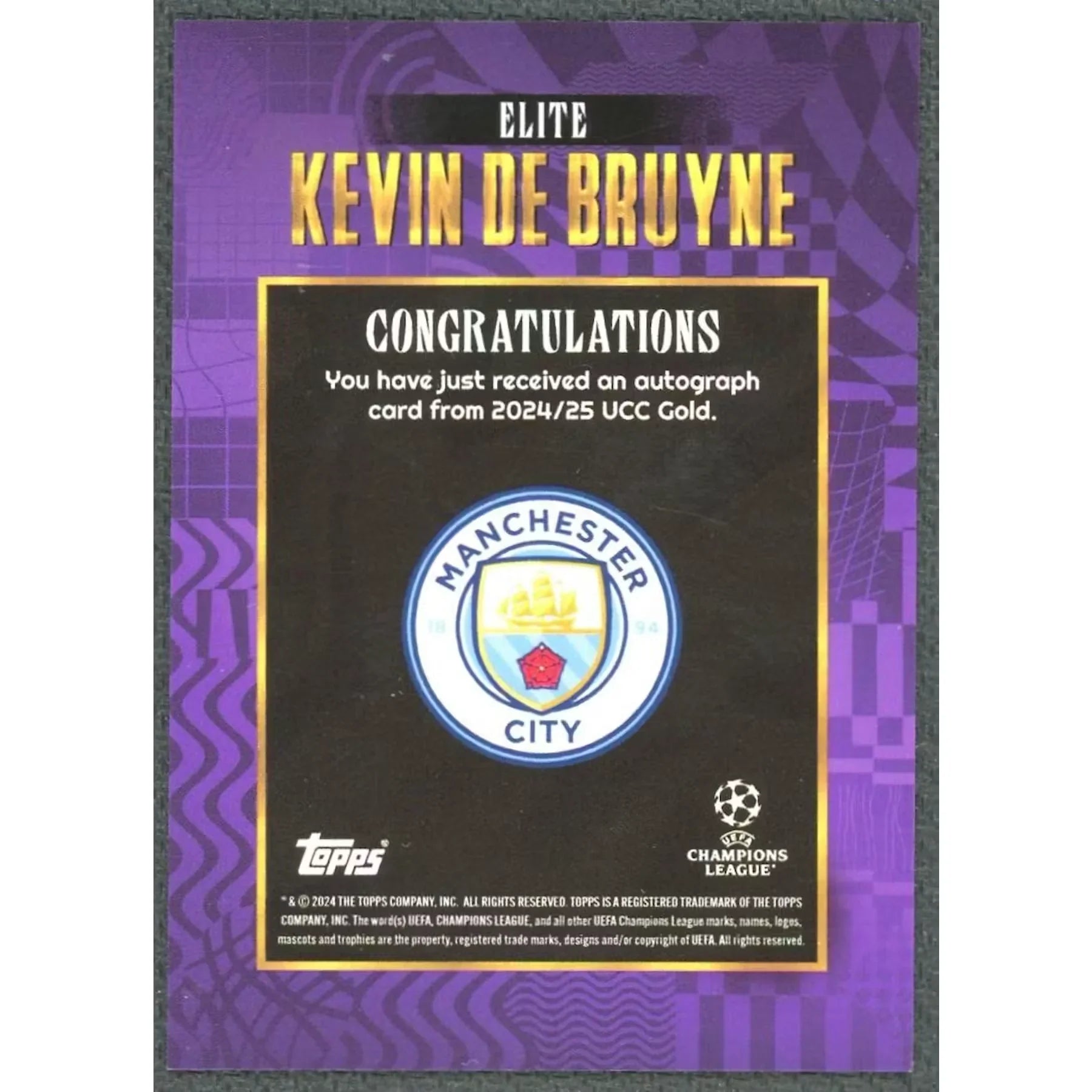 Kevin De Bruyne Signed 2024-25 Topps Gold UEFA Card | Purple/25
