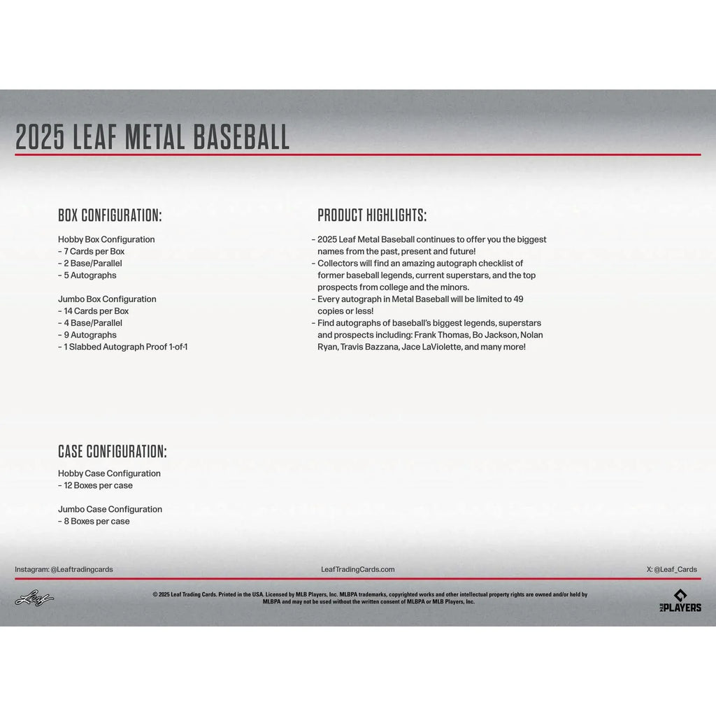 2025 Leaf Metal Baseball Hobby Box (Ships Sealed Only) - D1
