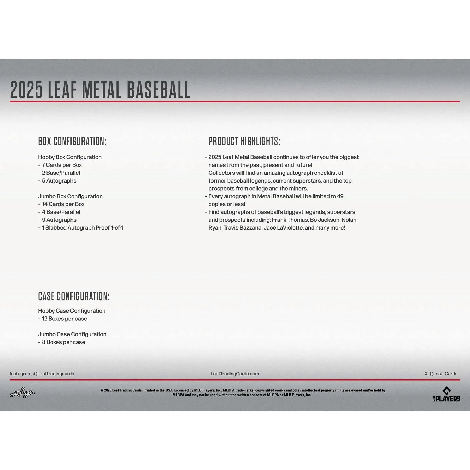 2025 Leaf Metal Baseball Hobby Box (Ships Sealed Only) - D1